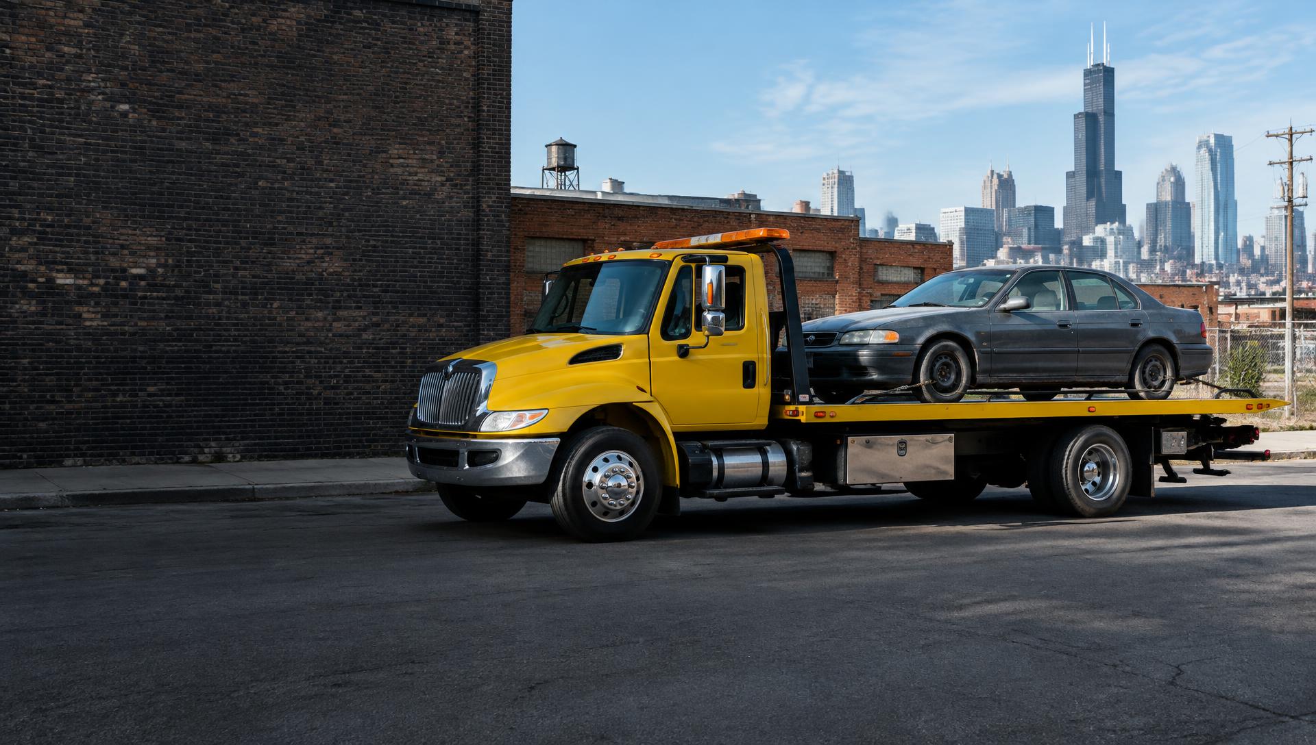 Yellow flatbed tow truck transporting an old sedan with the Chicago skyline in the background